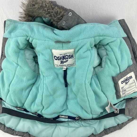 oshkosh b'gosh 24 Month Winter Coat Jacket Hooded Faux Fur Fleece Line Gray Teal - Picture 4 of 7